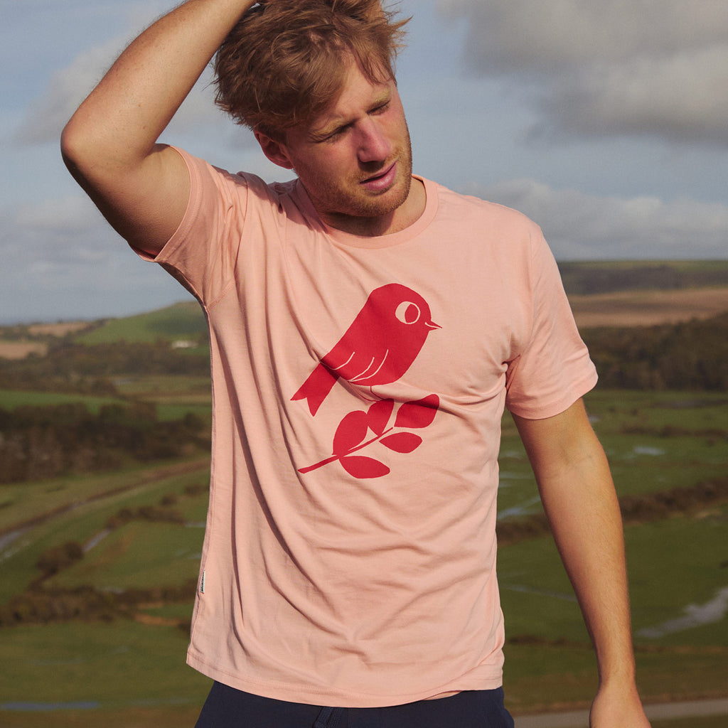 matt sewell + silverstick mens organic cotton red bird antique pink