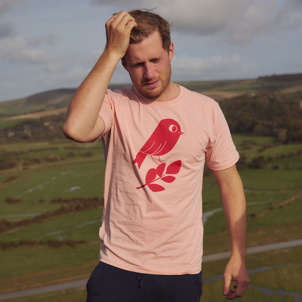 matt sewell + silverstick mens organic cotton red bird antique pink
