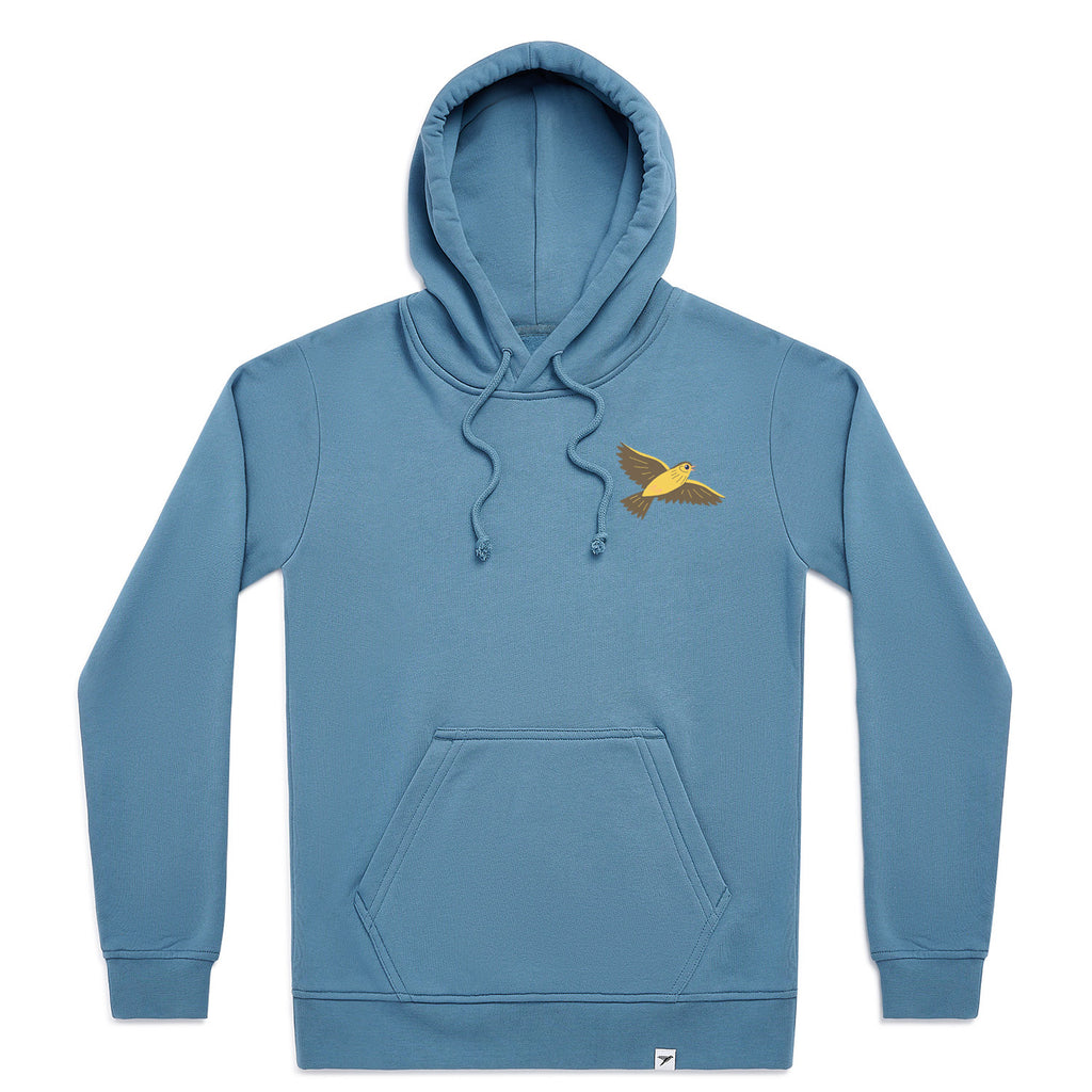 A dusty blue pullover hoodie with a small embroidered Skylark bird graphic on the left chest, displayed on a clean white background.
