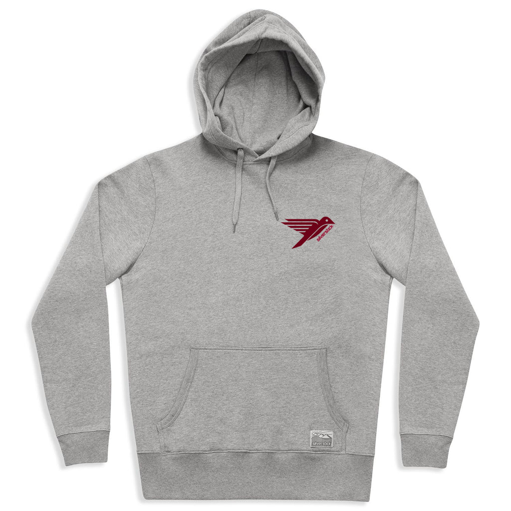 A heather gray pullover hoodie with a small red stylized bird logo on the left chest, displayed on a clean white background.