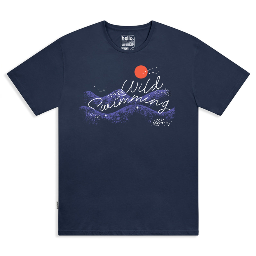A navy blue short-sleeve t-shirt with a graphic on the chest that reads 'Wild Swimming' in white script over purple wavy lines, with a small orange sun graphic above. The brand 'hello.