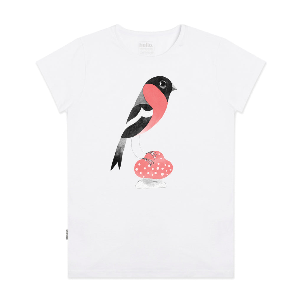 Matt Sewell Silverstick Bullfinch Mushroom Womens Organic Cotton T Shirt White Front