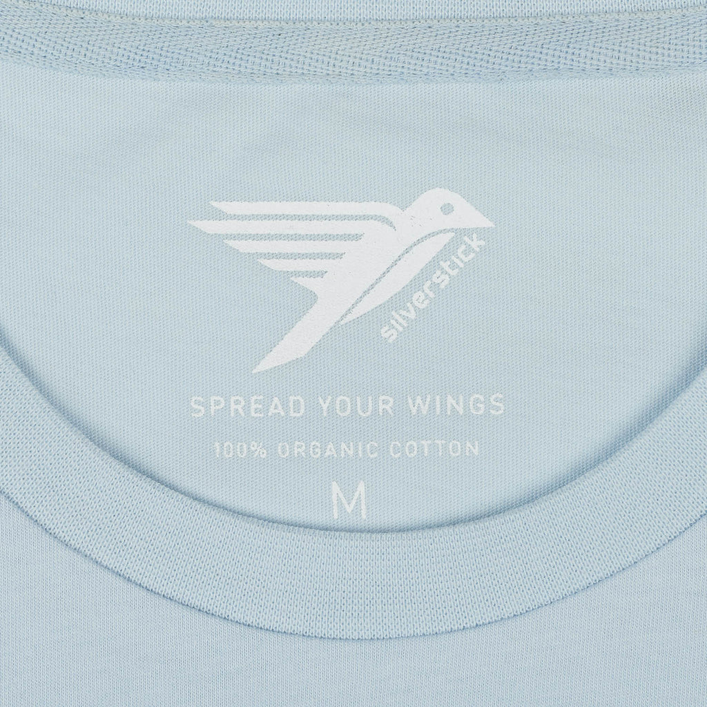 matt sewell + silverstick mens organic cotton wild swimmers friend illusion blue tee detail