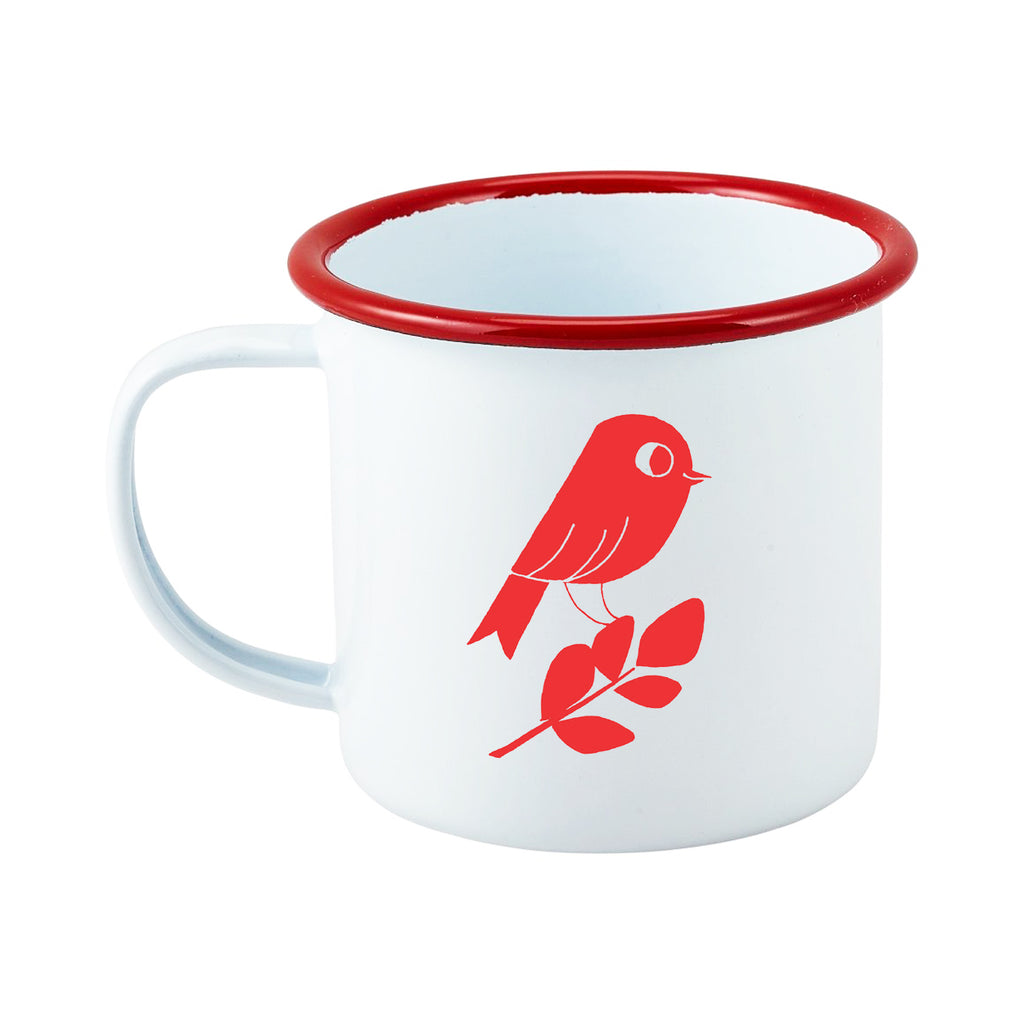 matt sewell and silverstick enamel red bird camping mug