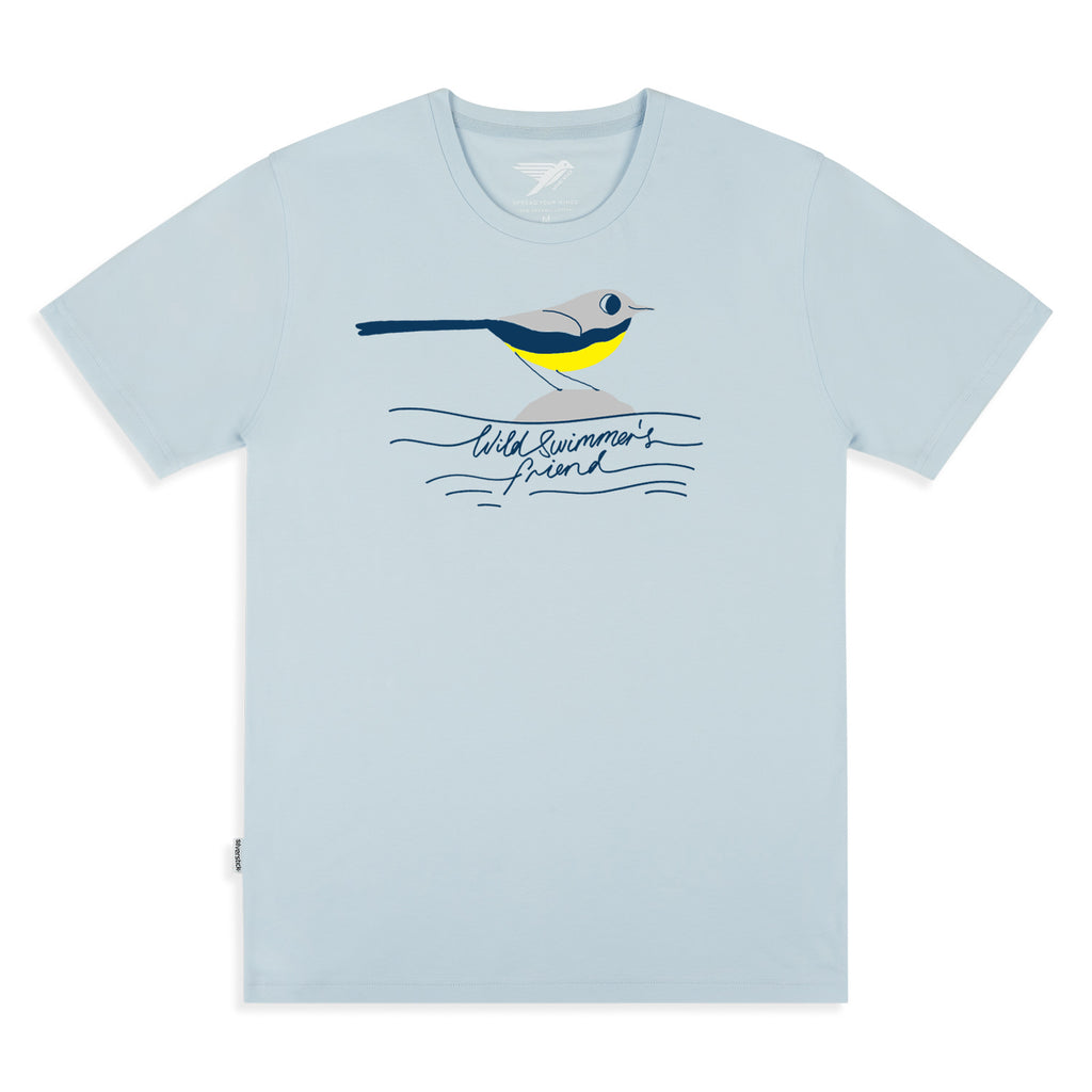 matt sewell + silverstick mens organic cotton wild swimmers friend illusion blue tee