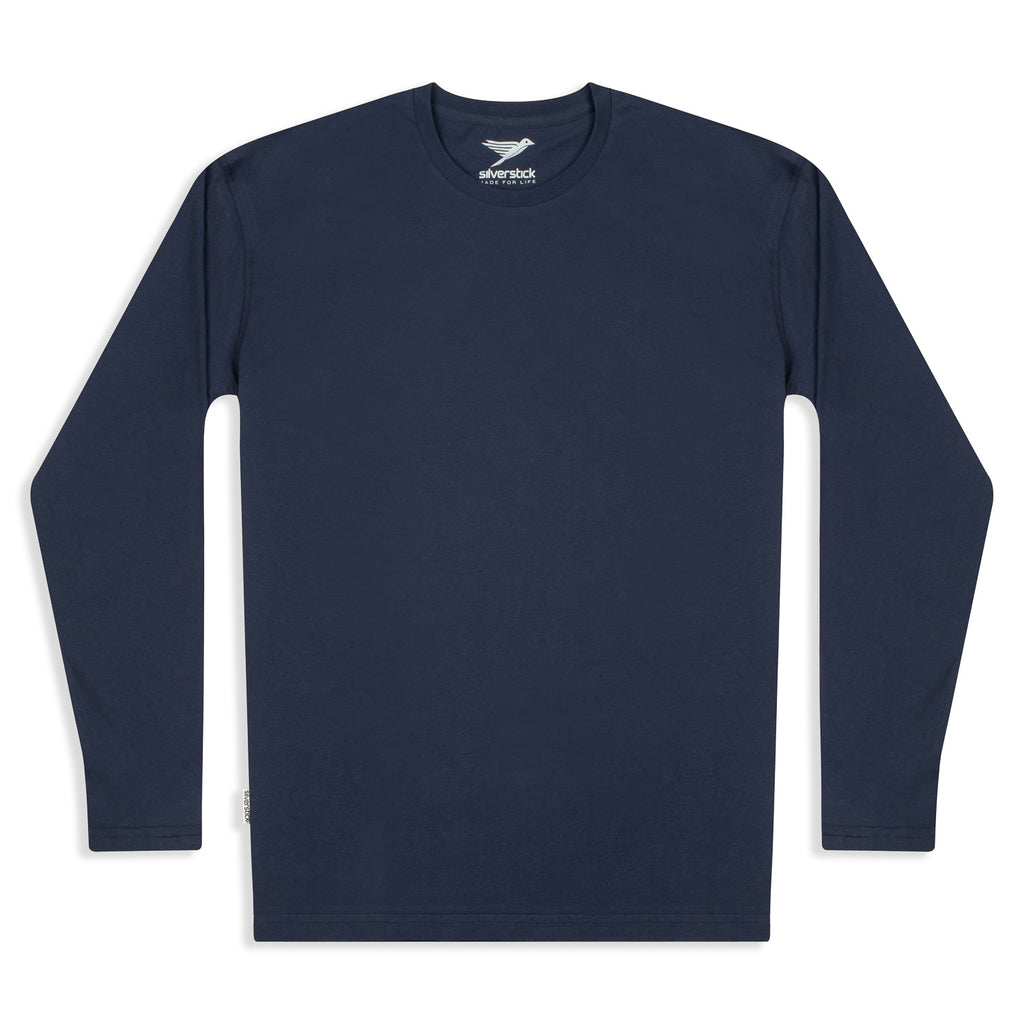 Silverstick Mens Blank Organic Cotton Long Sleeve T Shirt Navy Front