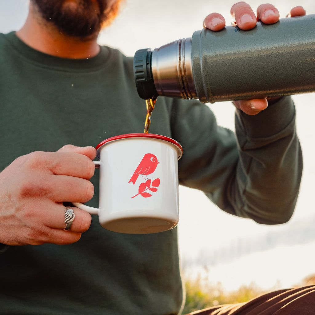 matt sewell and silverstick enamel red bird camping mug adventure