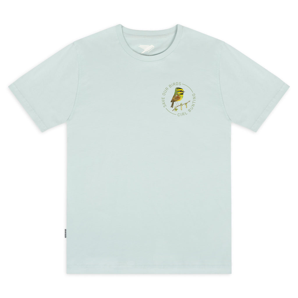 Light blue t-shirt with a small Cirl Bunting Watercolour grapjic by Matt Sewell 