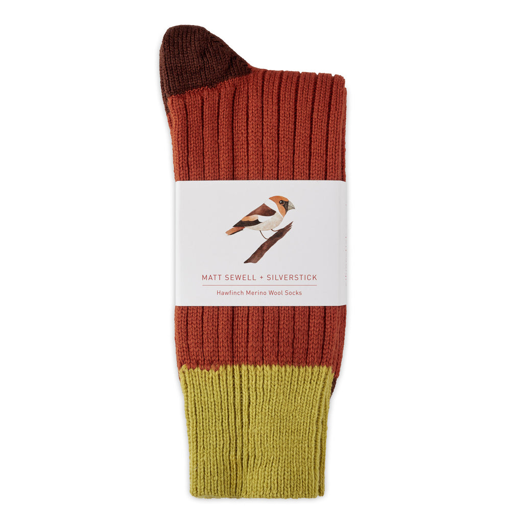 Matt Sewell Silverstick Merino Wool Hawfinch Bird Sock Front