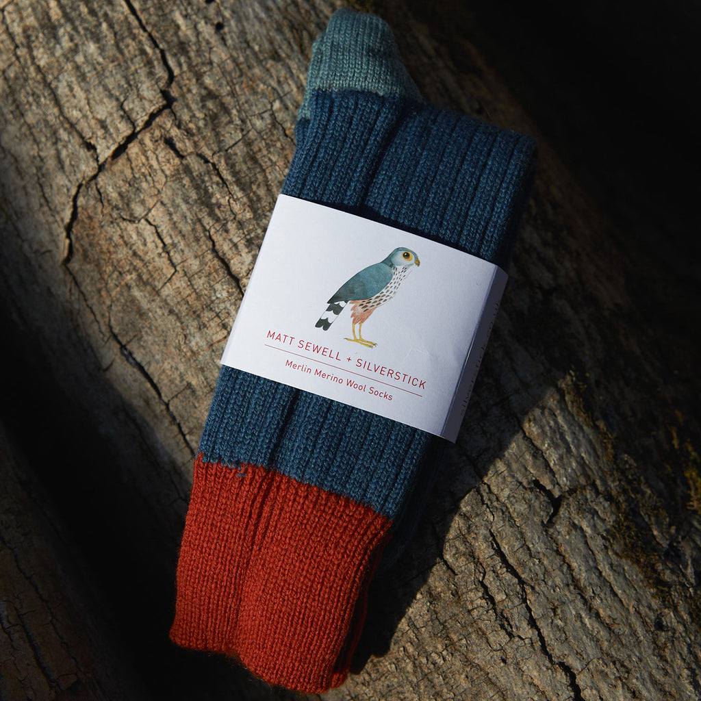 Matt Sewell Silverstick Merino Wool Merlin Bird Sock Full