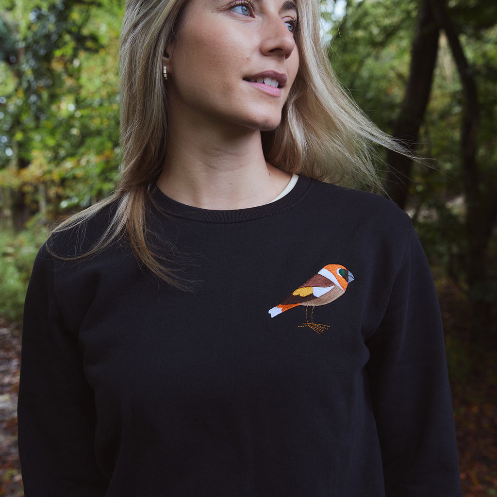 Silverstick womens matt sewell hawfinch organic cotton sweat charcoal embroidery