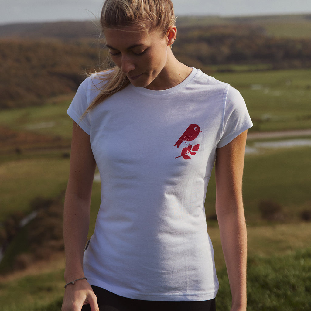 matt sewell + silverstick womens organic cotton red bird white tee