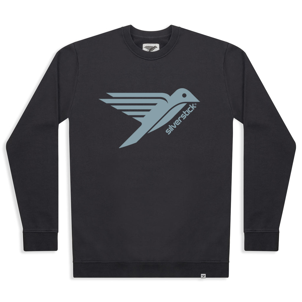A black crewneck sweatshirt featuring a light blue-gray graphic of a flying bird with the text 'silverstick' printed on the chest, displayed against a plain white background.