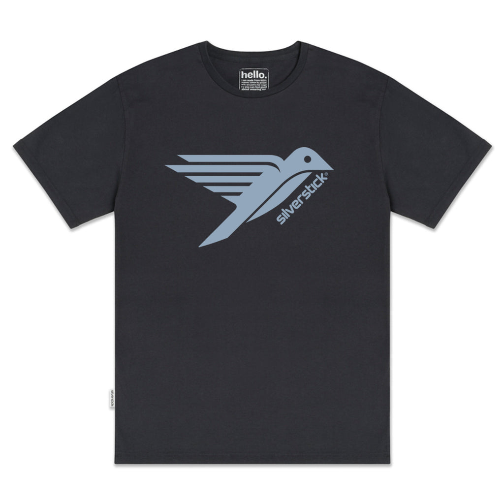 A dark charcoal gray crewneck t-shirt featuring a light gray graphic of a stylized bird with the text 'silverduck' printed on its body, displayed against a solid white background.
