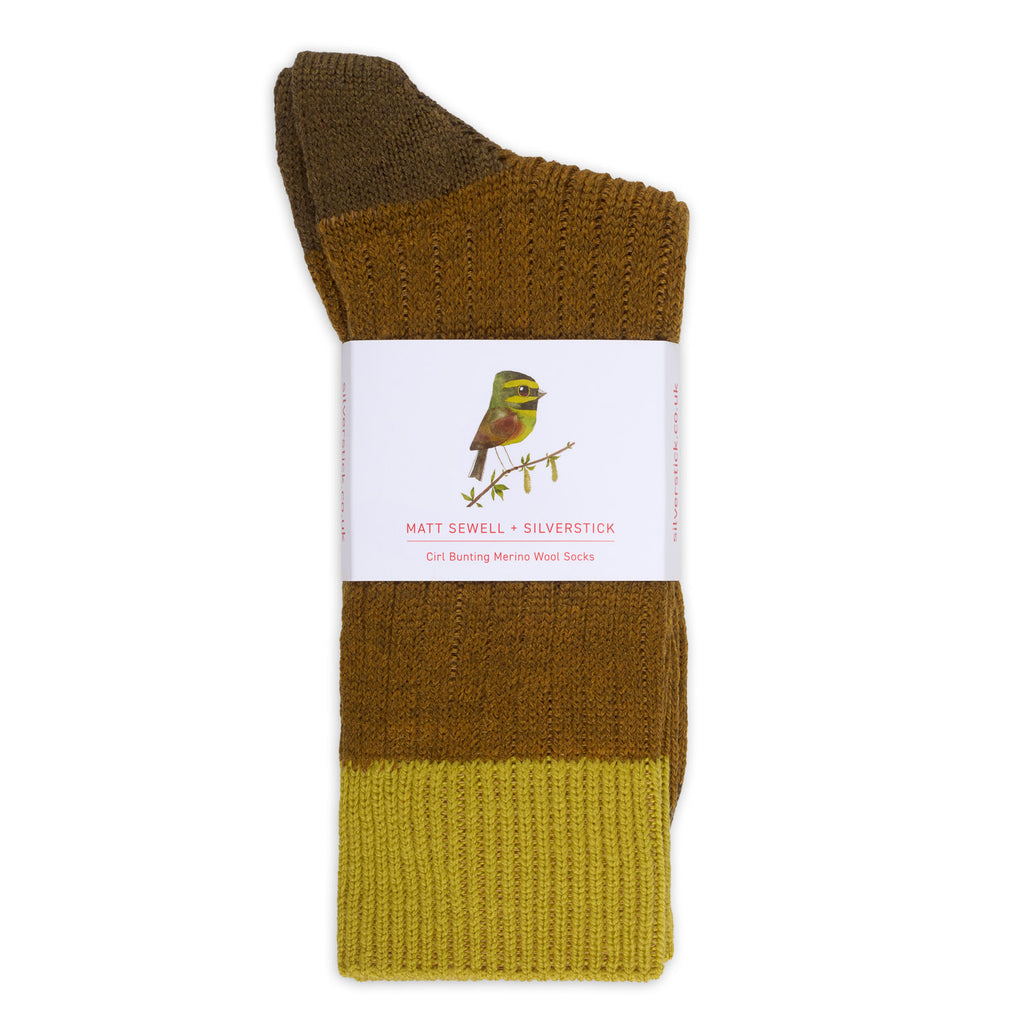 Matt Sewell Silverstick Merino Wool Cirl Bunting Bird Sock Front