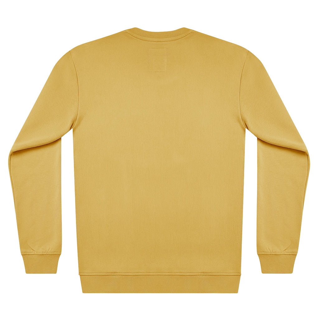 A plain crewneck sweatshirt in a mustard yellow color, shown from the back on a clean white background.