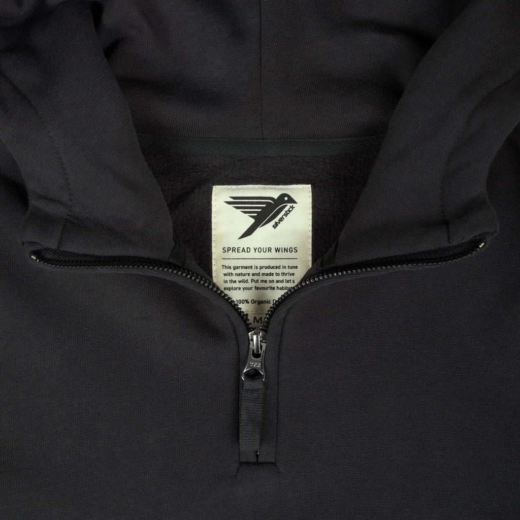 Silverstick Birling Mens Organic Cotton Quarter Zip Hoodie Charcoal Front Web 1500 Neck Label