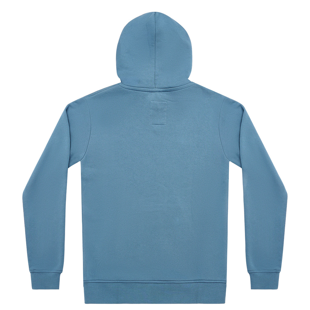 A light blue hooded sweatshirt shown from the back, featuring a plain back design with ribbed cuffs and hem, set against a solid white background.