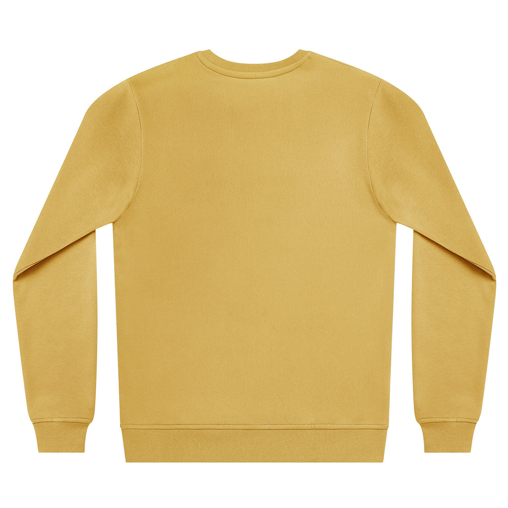 A mustard yellow crewneck sweatshirt shown from the back, laid flat against a solid white background.